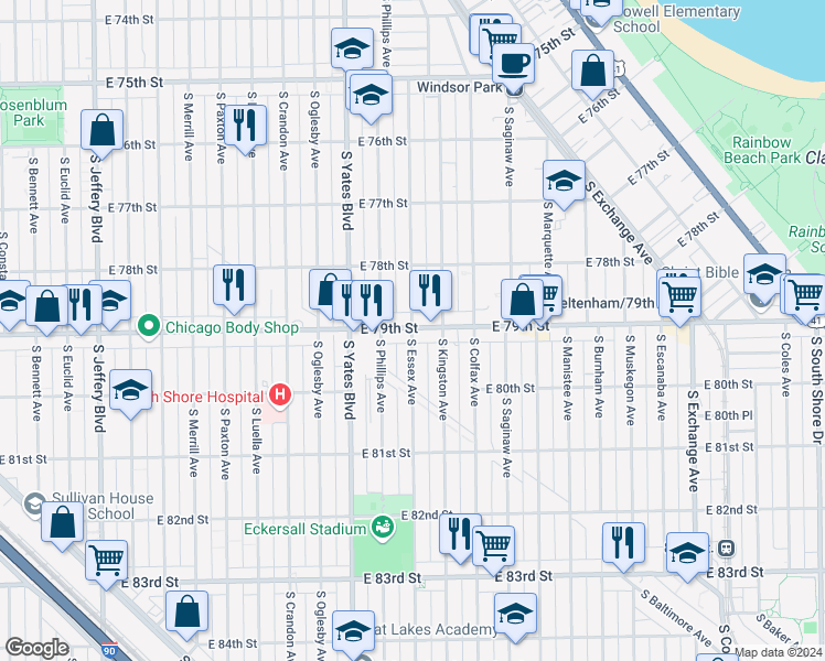 map of restaurants, bars, coffee shops, grocery stores, and more near 7924 South Essex Avenue in Chicago