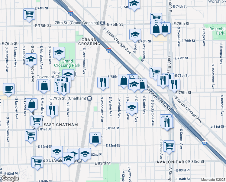 map of restaurants, bars, coffee shops, grocery stores, and more near 7911 South Avalon Avenue in Chicago