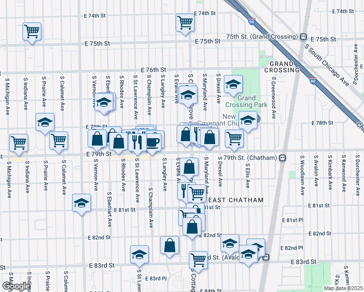 map of restaurants, bars, coffee shops, grocery stores, and more near 743 East 79th Street in Chicago