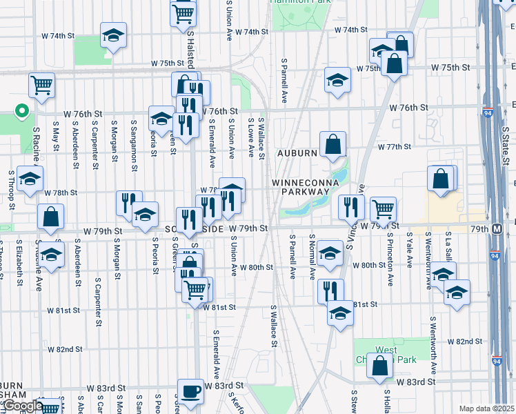map of restaurants, bars, coffee shops, grocery stores, and more near 632 West 79th Street in Chicago