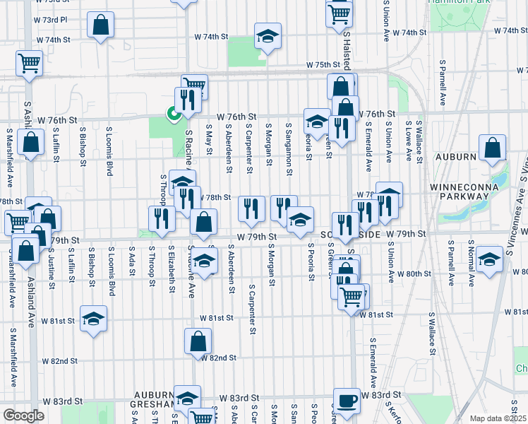 map of restaurants, bars, coffee shops, grocery stores, and more near 7844 South Morgan Street in Chicago