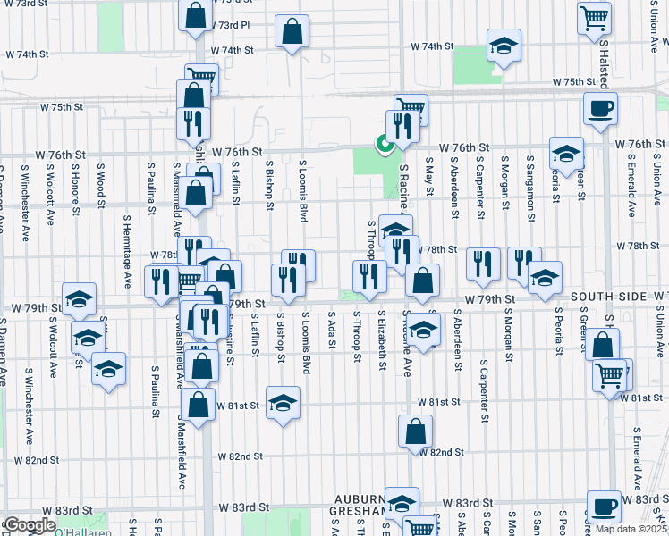map of restaurants, bars, coffee shops, grocery stores, and more near 7848 South Ada Street in Chicago