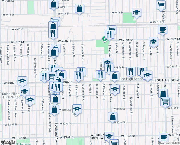 map of restaurants, bars, coffee shops, grocery stores, and more near 7848 South Ada Street in Chicago