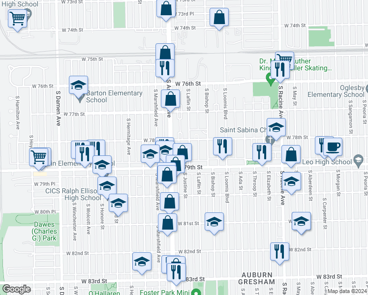 map of restaurants, bars, coffee shops, grocery stores, and more near in Chicago