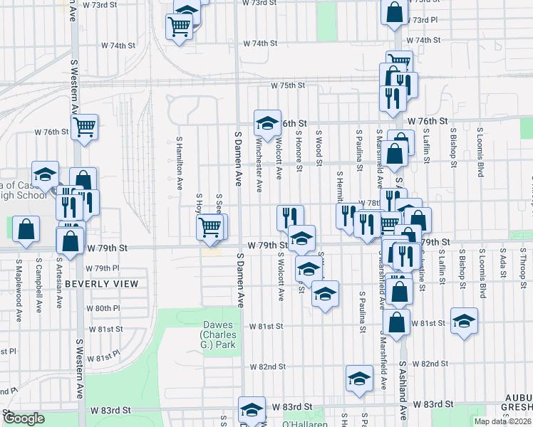 map of restaurants, bars, coffee shops, grocery stores, and more near 7843 South Winchester Avenue in Chicago