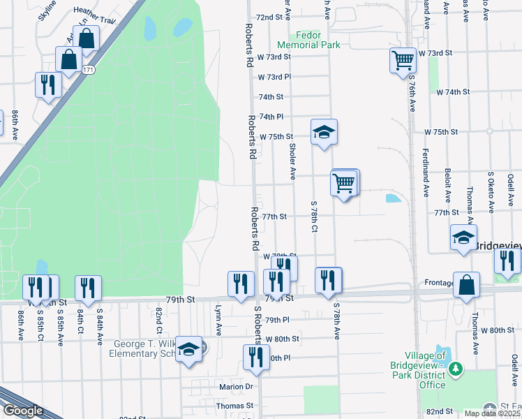 map of restaurants, bars, coffee shops, grocery stores, and more near 7707 Roberts Road in Bridgeview