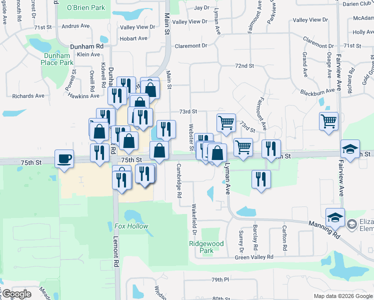 map of restaurants, bars, coffee shops, grocery stores, and more near 7501 Cambridge Road in Darien