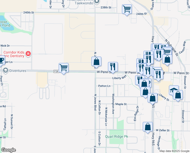 map of restaurants, bars, coffee shops, grocery stores, and more near North Jones Boulevard in North Liberty