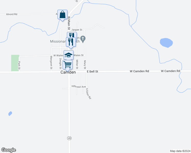 map of restaurants, bars, coffee shops, grocery stores, and more near 323 East Bell Street in Camden