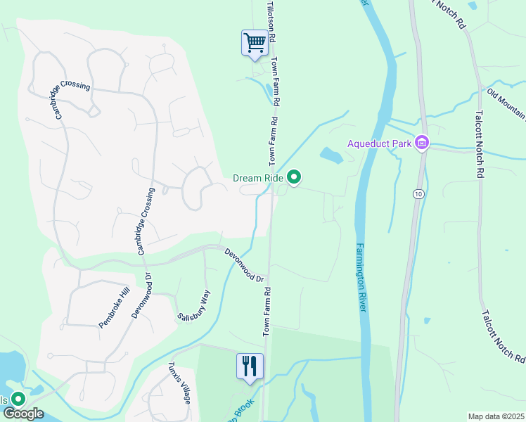 map of restaurants, bars, coffee shops, grocery stores, and more near 147 Town Farm Road in Farmington