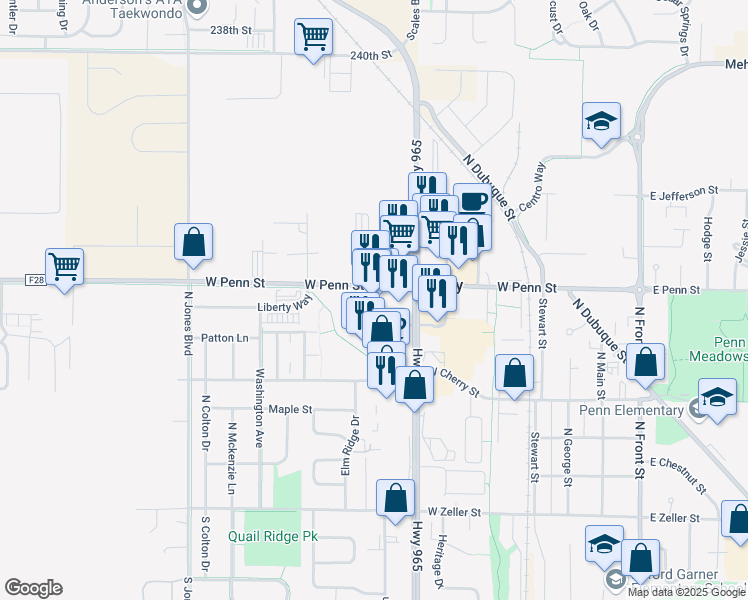 map of restaurants, bars, coffee shops, grocery stores, and more near 740 Community Drive in North Liberty