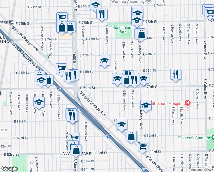 map of restaurants, bars, coffee shops, grocery stores, and more near 7920 South Constance Avenue in Chicago