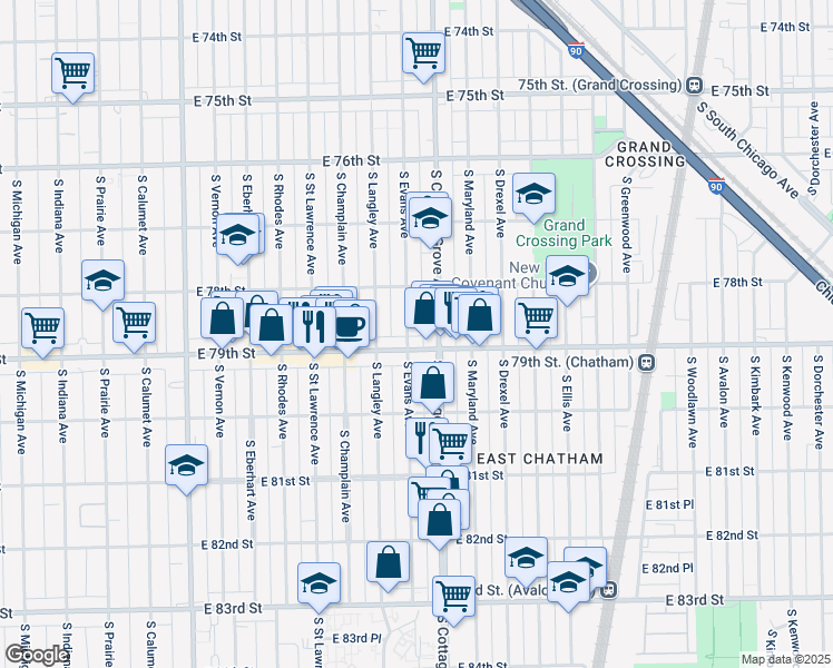 map of restaurants, bars, coffee shops, grocery stores, and more near 743 East 79th Street in Chicago