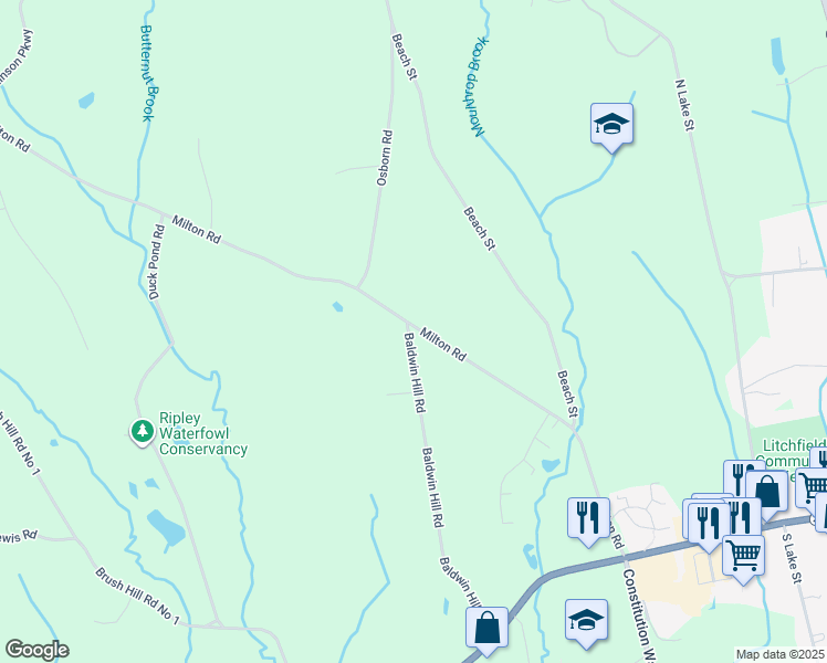 map of restaurants, bars, coffee shops, grocery stores, and more near 8 Baldwin Hill Road in Litchfield
