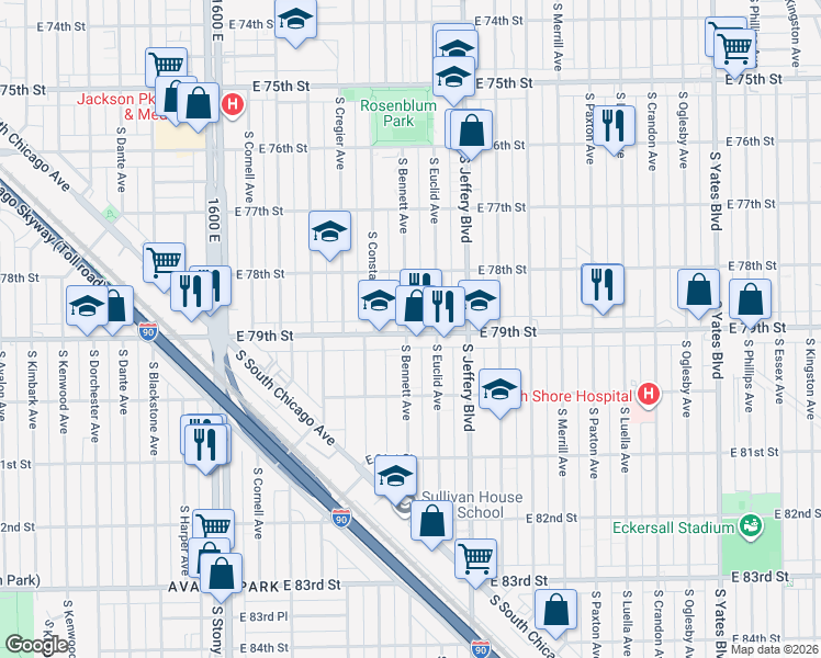 map of restaurants, bars, coffee shops, grocery stores, and more near 7916 South Euclid Avenue in Chicago