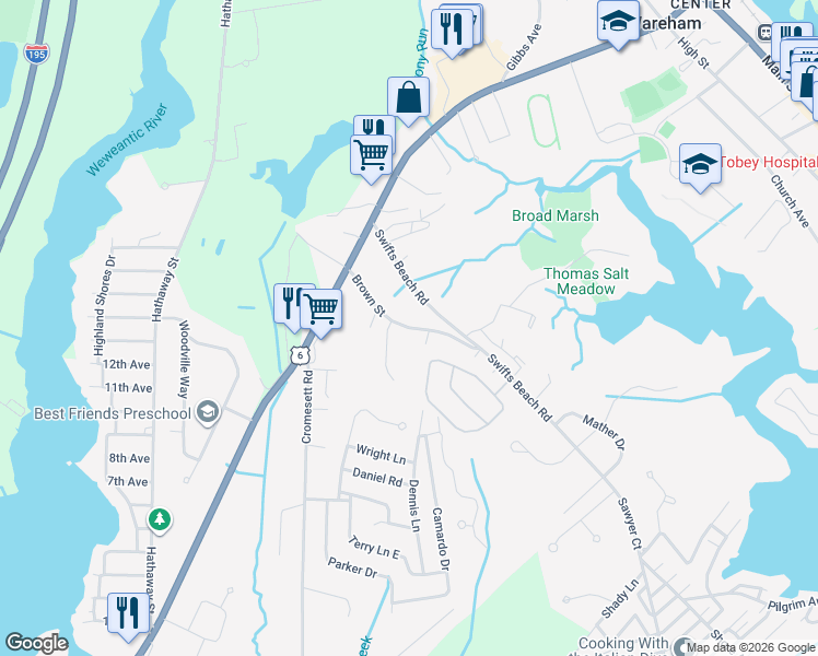 map of restaurants, bars, coffee shops, grocery stores, and more near 33 Brown Street in Wareham