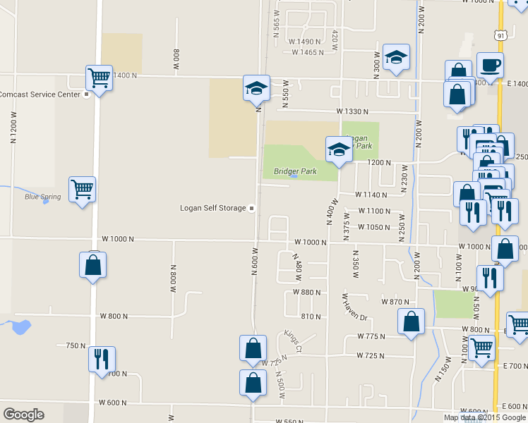 map of restaurants, bars, coffee shops, grocery stores, and more near 583 1060 North in Logan