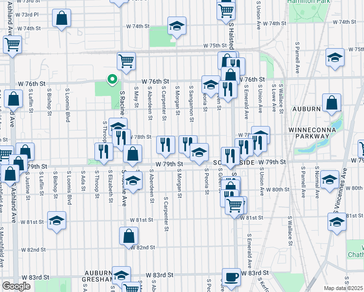 map of restaurants, bars, coffee shops, grocery stores, and more near 7819 South Morgan Street in Chicago