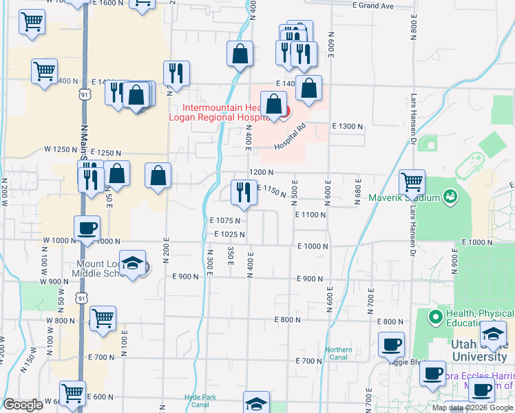 map of restaurants, bars, coffee shops, grocery stores, and more near 423 Crescent Drive in Logan