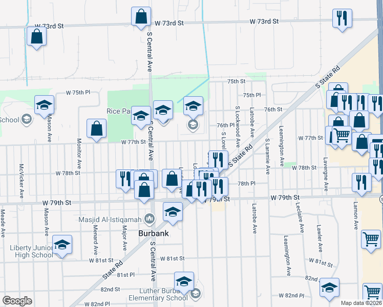 map of restaurants, bars, coffee shops, grocery stores, and more near 7700 Lotus Avenue in Burbank