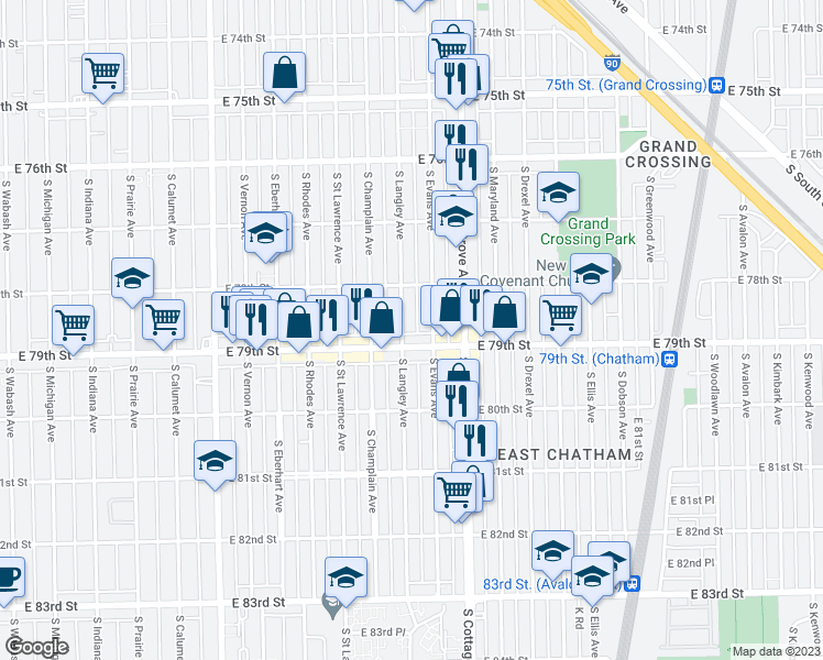 map of restaurants, bars, coffee shops, grocery stores, and more near 7845 South Langley Avenue in Chicago