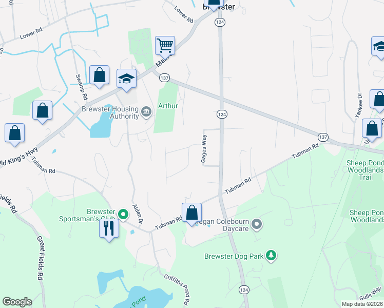 map of restaurants, bars, coffee shops, grocery stores, and more near 11 Great Oak Road in Brewster