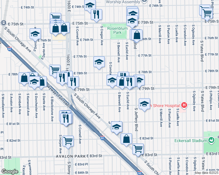 map of restaurants, bars, coffee shops, grocery stores, and more near 7850 South Constance Avenue in Chicago