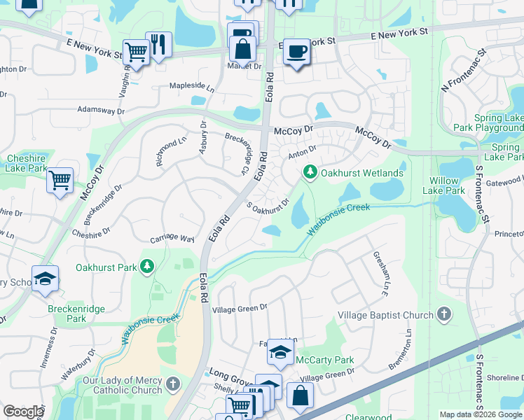 map of restaurants, bars, coffee shops, grocery stores, and more near South Oakhurst Drive in Aurora