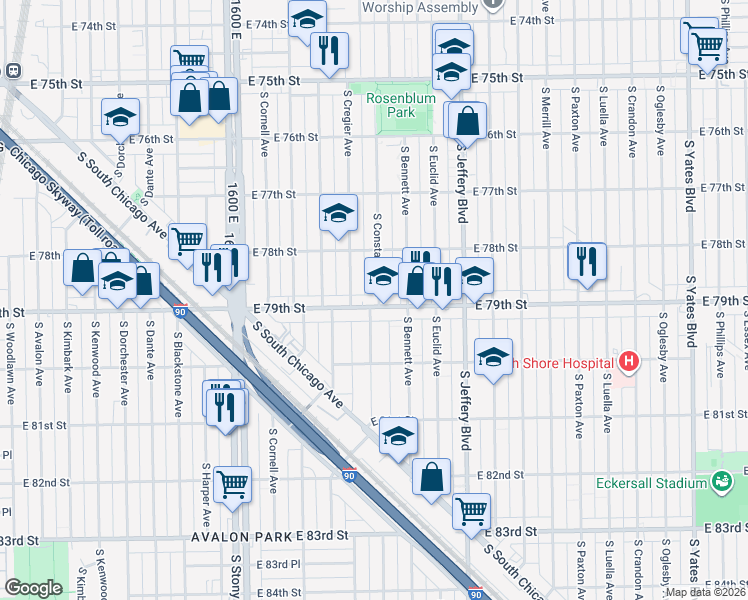 map of restaurants, bars, coffee shops, grocery stores, and more near 7829 South Cregier Avenue in Chicago