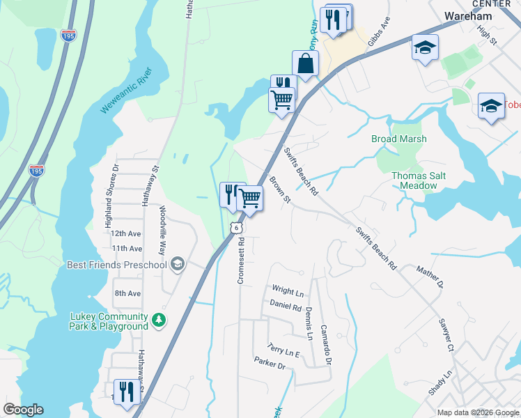 map of restaurants, bars, coffee shops, grocery stores, and more near 254 Marion Road in Wareham