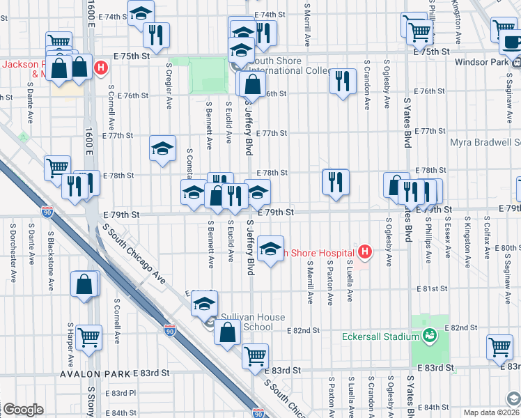 map of restaurants, bars, coffee shops, grocery stores, and more near 7851 South Jeffery Boulevard in Chicago