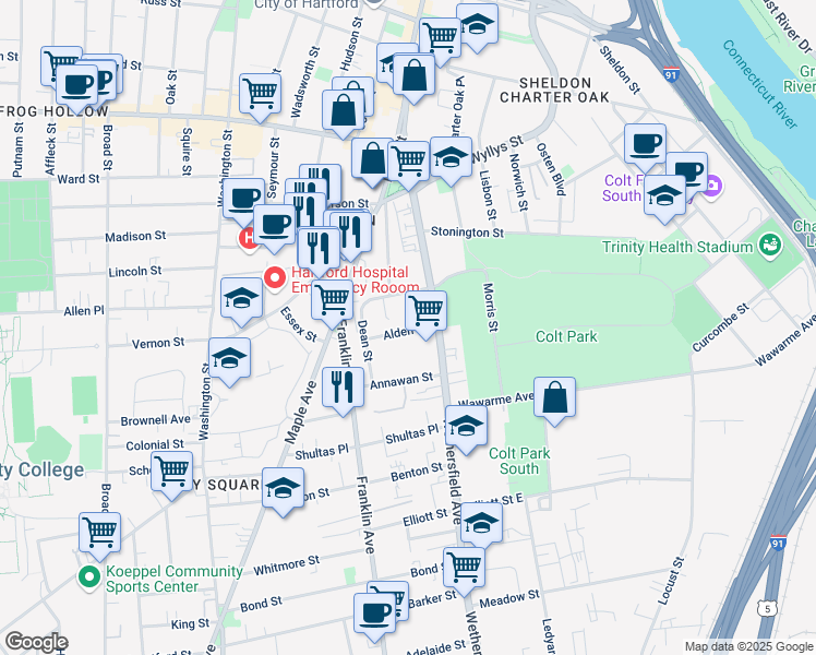 map of restaurants, bars, coffee shops, grocery stores, and more near 19 Morris Street in Hartford