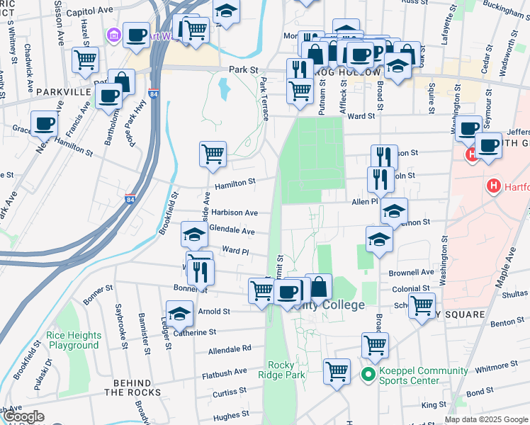 map of restaurants, bars, coffee shops, grocery stores, and more near 417 Zion Street in Hartford