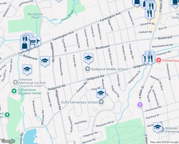 map of restaurants, bars, coffee shops, grocery stores, and more near 49-199 Lemay St in West Hartford