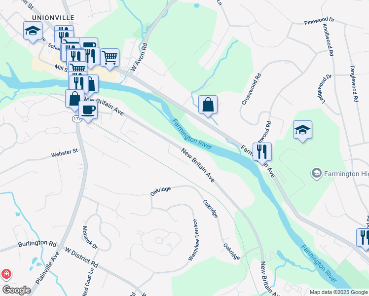 map of restaurants, bars, coffee shops, grocery stores, and more near 227 New Britain Avenue in Farmington