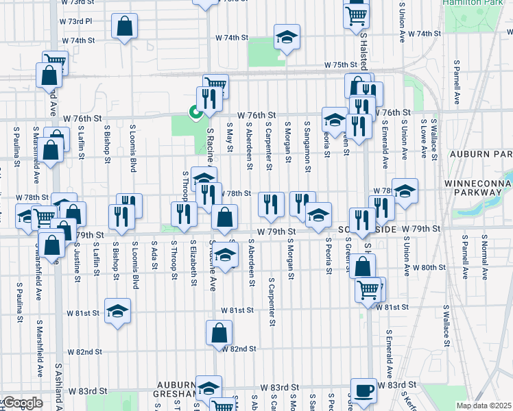map of restaurants, bars, coffee shops, grocery stores, and more near 7757 South Aberdeen Street in Chicago