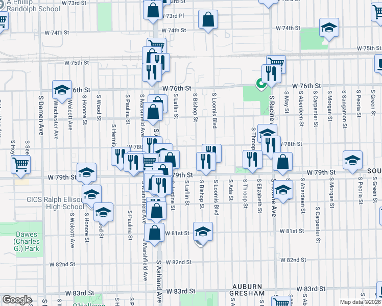 map of restaurants, bars, coffee shops, grocery stores, and more near 7753 South Bishop Street in Chicago