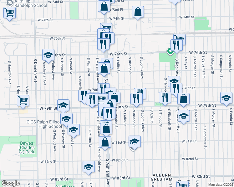 map of restaurants, bars, coffee shops, grocery stores, and more near 7702 South Bishop Street in Chicago