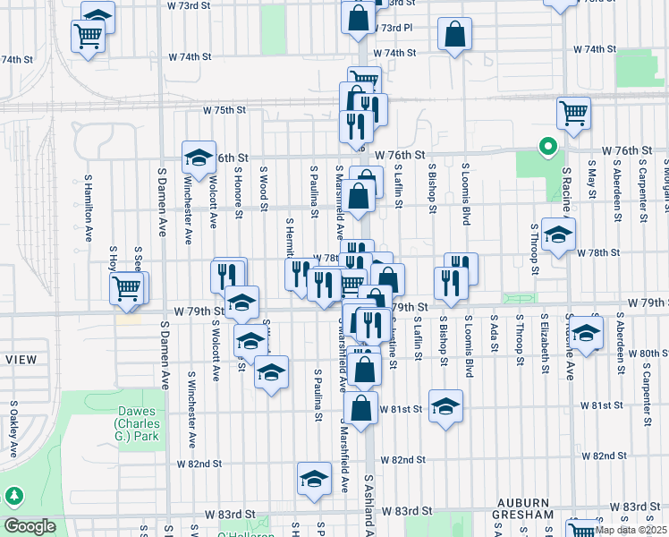 map of restaurants, bars, coffee shops, grocery stores, and more near 7751 South Marshfield Avenue in Chicago