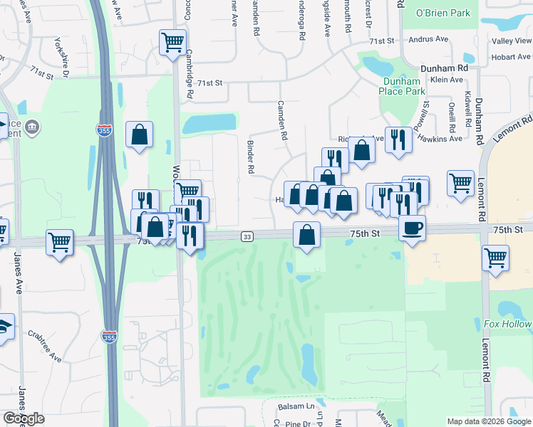 map of restaurants, bars, coffee shops, grocery stores, and more near 7402 Devereux Road in Downers Grove