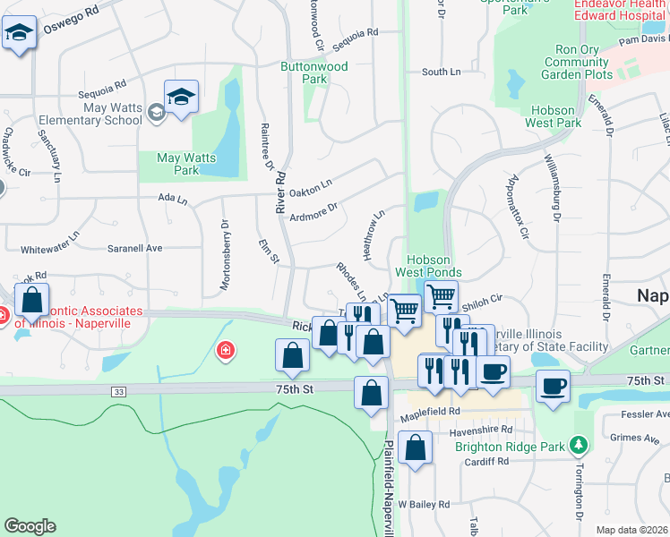 map of restaurants, bars, coffee shops, grocery stores, and more near 1252 Ashton Lane in Naperville