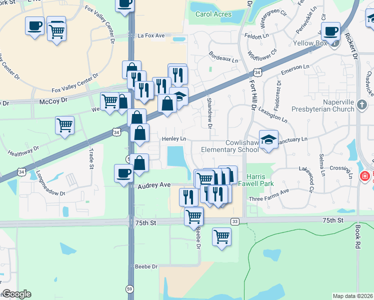 map of restaurants, bars, coffee shops, grocery stores, and more near in Naperville