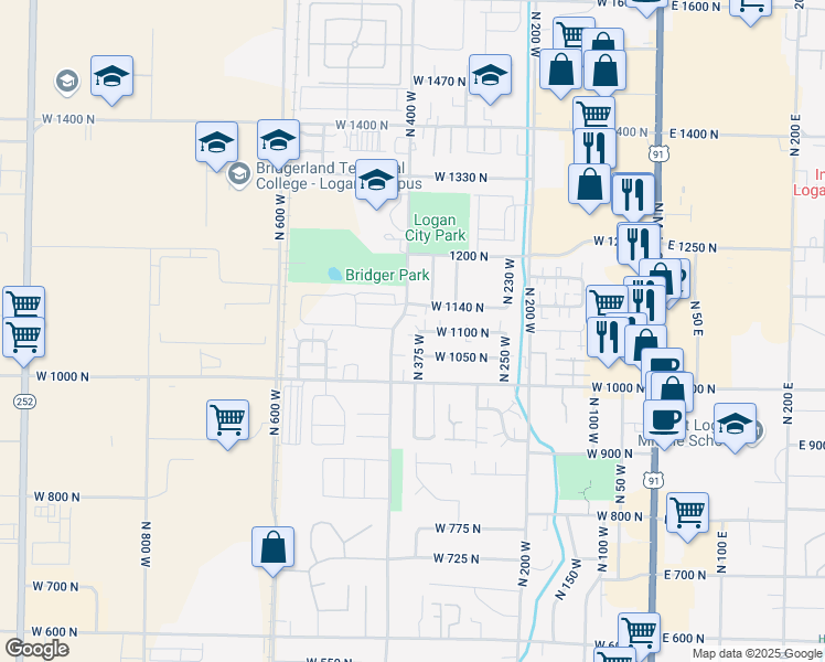 map of restaurants, bars, coffee shops, grocery stores, and more near 1085 North 375 West in Logan