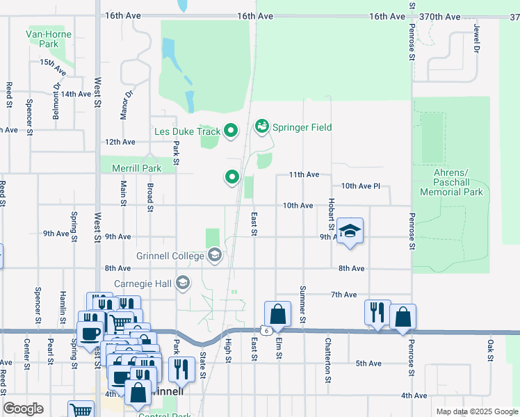 map of restaurants, bars, coffee shops, grocery stores, and more near 1119 6th Ave in Grinnell