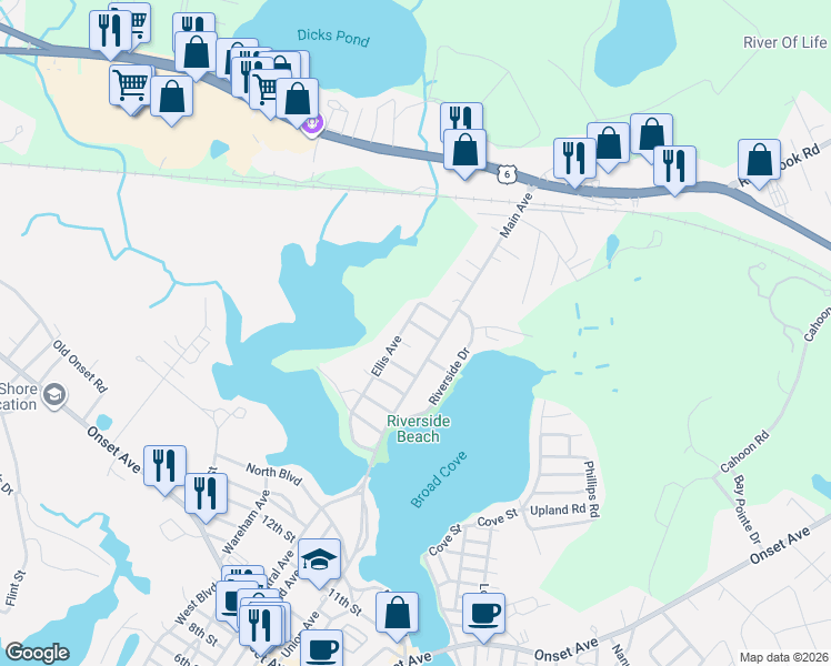 map of restaurants, bars, coffee shops, grocery stores, and more near 29 Ellis Avenue in Wareham