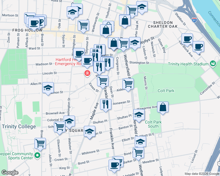 map of restaurants, bars, coffee shops, grocery stores, and more near in Hartford