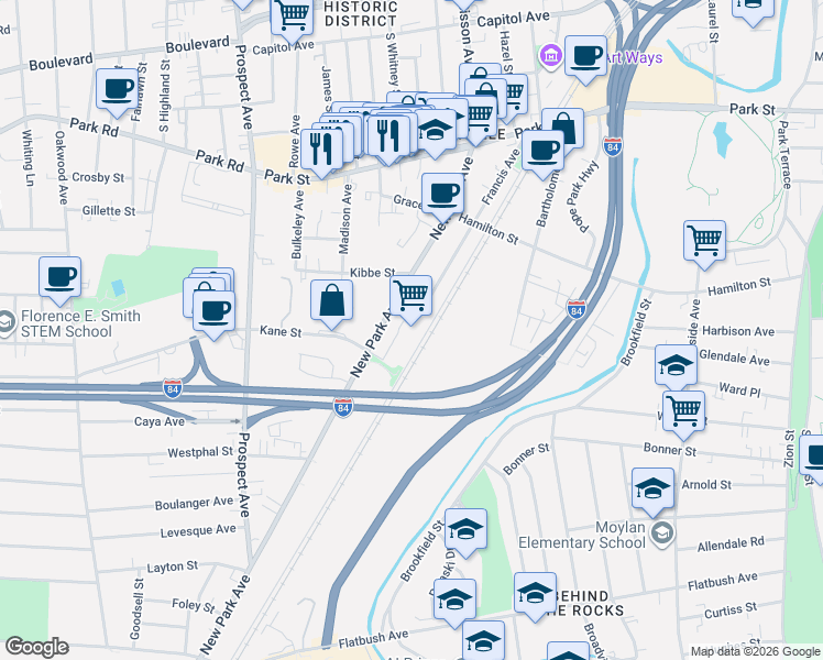 map of restaurants, bars, coffee shops, grocery stores, and more near 150 New Park Avenue in Hartford