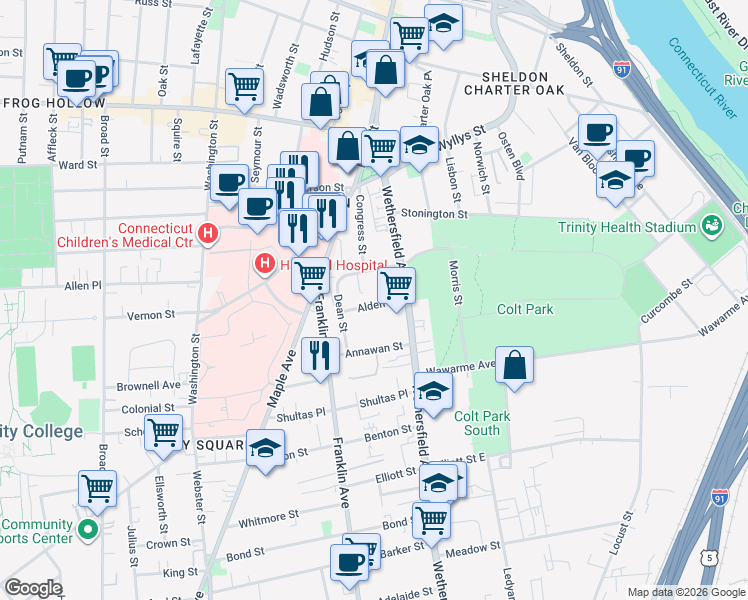 map of restaurants, bars, coffee shops, grocery stores, and more near 30 Alden Street in Hartford