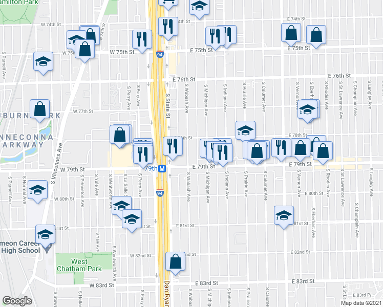 map of restaurants, bars, coffee shops, grocery stores, and more near 7831 South Wabash Avenue in Chicago