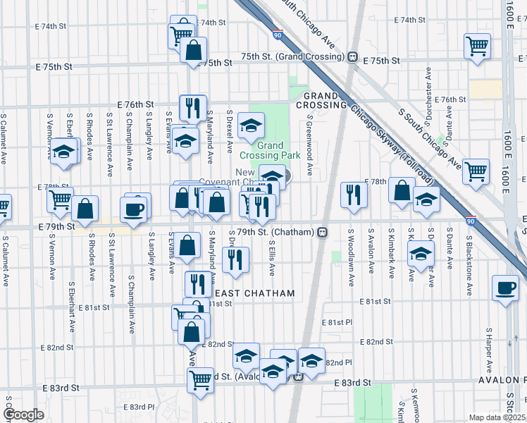 map of restaurants, bars, coffee shops, grocery stores, and more near 7844 South Ellis Avenue in Chicago